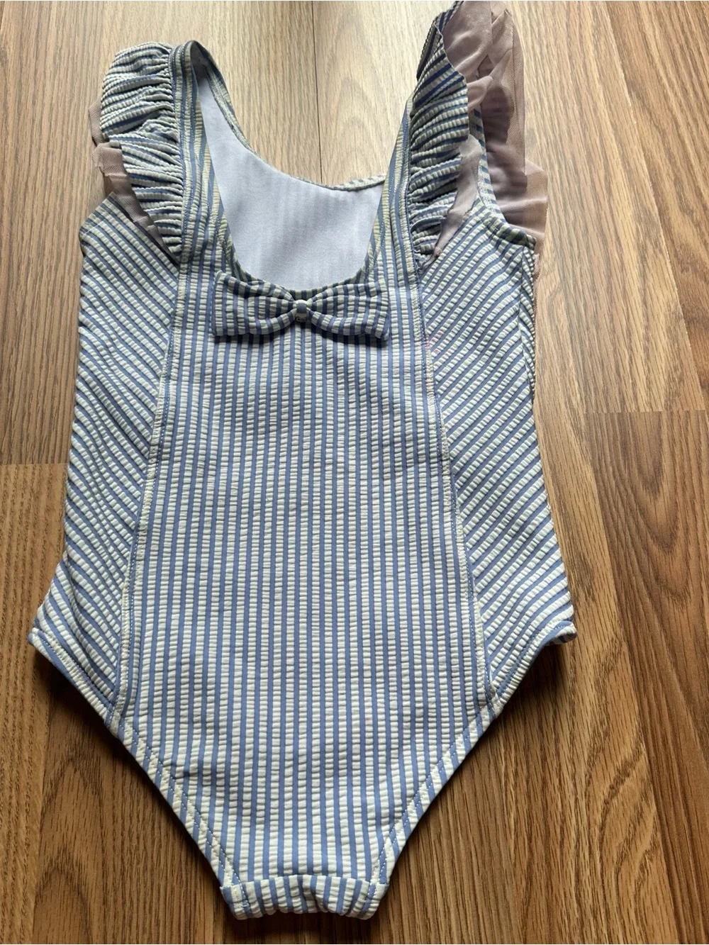RuffleButts Seersucker Waterfall One Piece Swimsuit Blue UPF 50 Size 5